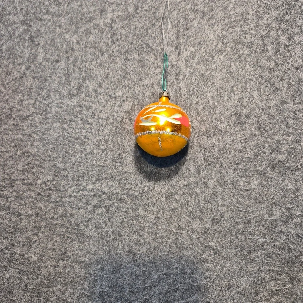 Vintage Blown Glass Gold  Ball Hand Painted Red Flowers Christmas Ornament